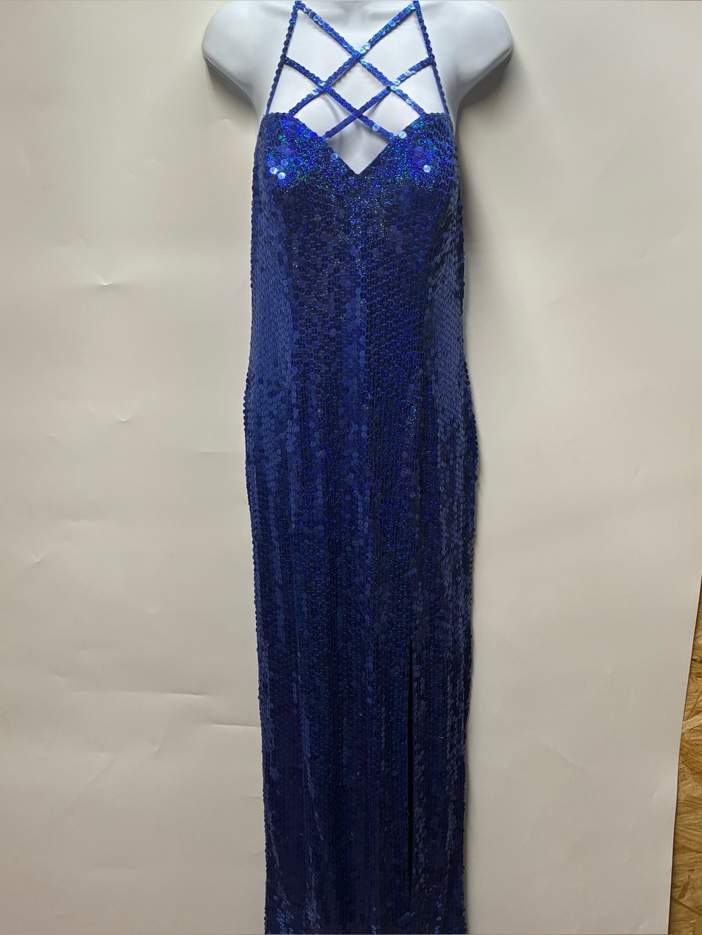 Vintage 90s Adrianna Papell Blue Sequin Halter Maxi Slit Dress Prom Cocktail